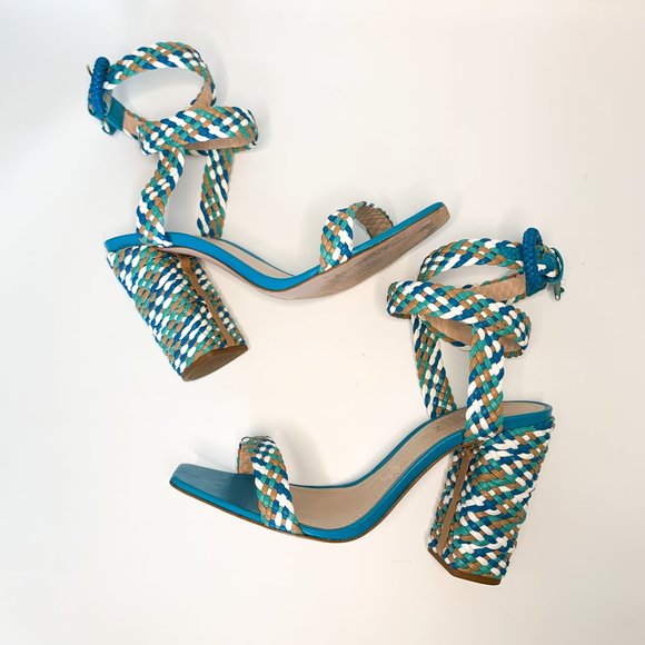SCHUTZ blue braided block heel square toe sandal ankle wrap 38 - Picture 2 of 9